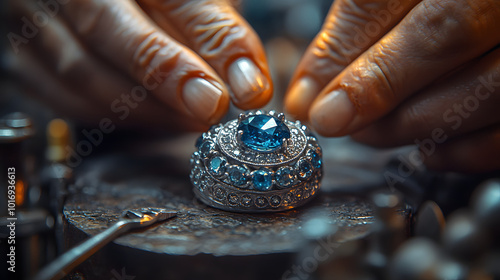 Jeweler’s hands crafting an intricate sapphire ring surrounded by tools. The focus is on the careful detail of the craftsmanship, highlighting the precision required to shape the sapphire and setting 