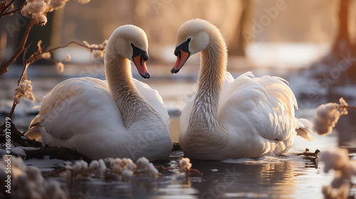 Fototapeta Naklejka Na Ścianę i Meble -  Two white swans in love swimming in magically beautiful lake