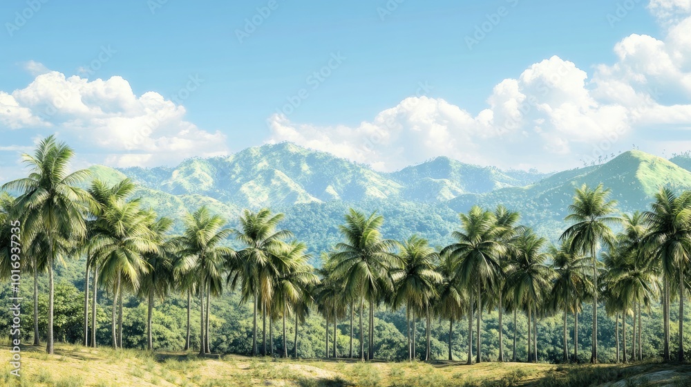 Tropical Landscape with Palm Trees and Mountains Tropical Landscape with Palm Trees and Mountains