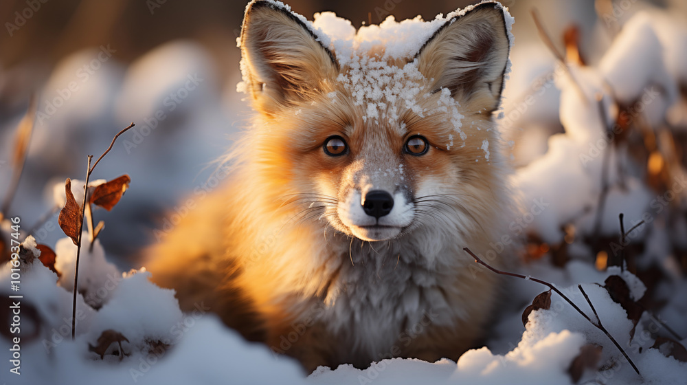 Obraz premium Face of red fox dusted with snow in winter forest