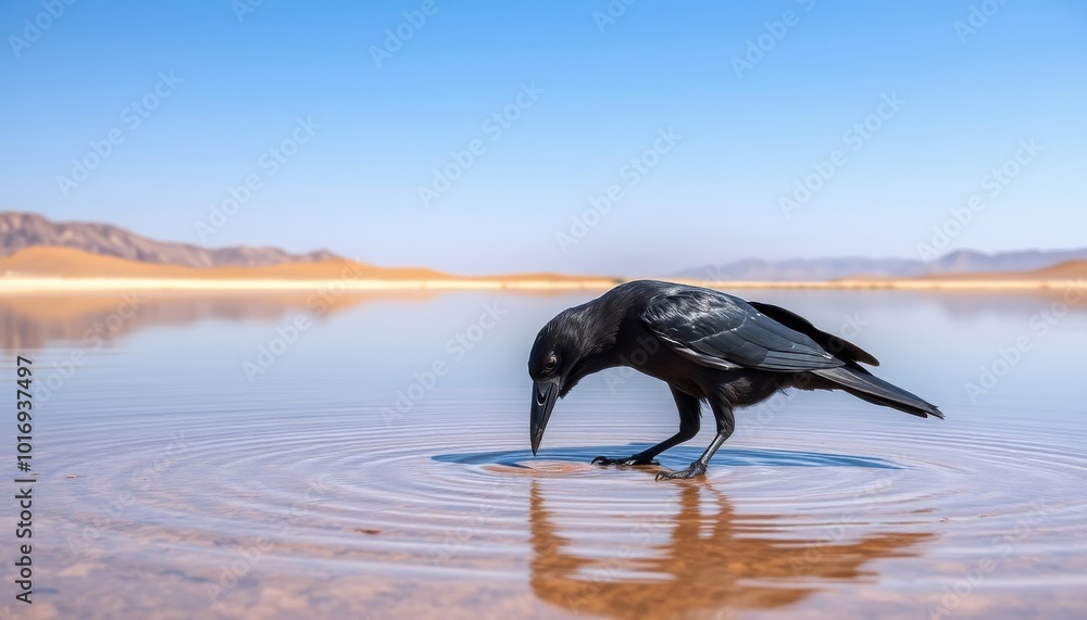 Fototapeta premium A black crow drinks from a still, clear lake in the desert. The water reflects the bright blue sky and the brown sand dunes beyond.