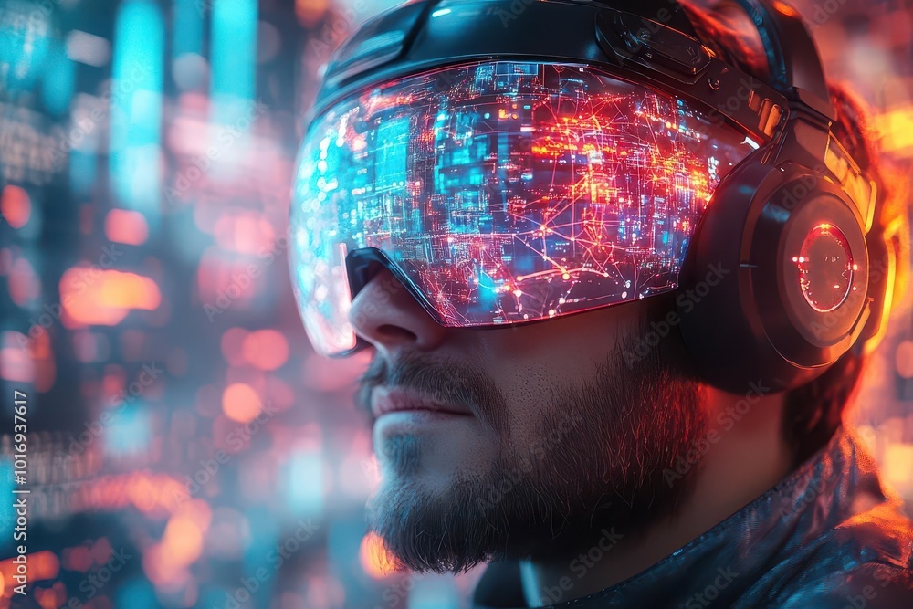 futuristic vr immersion man wearing sleek headset holographic projections neural network visualization neon accents digital landscape ai concept futuristic vr immersion man wearing sleek headset holographic projections neural network visualization neon accents digital landscape ai concept