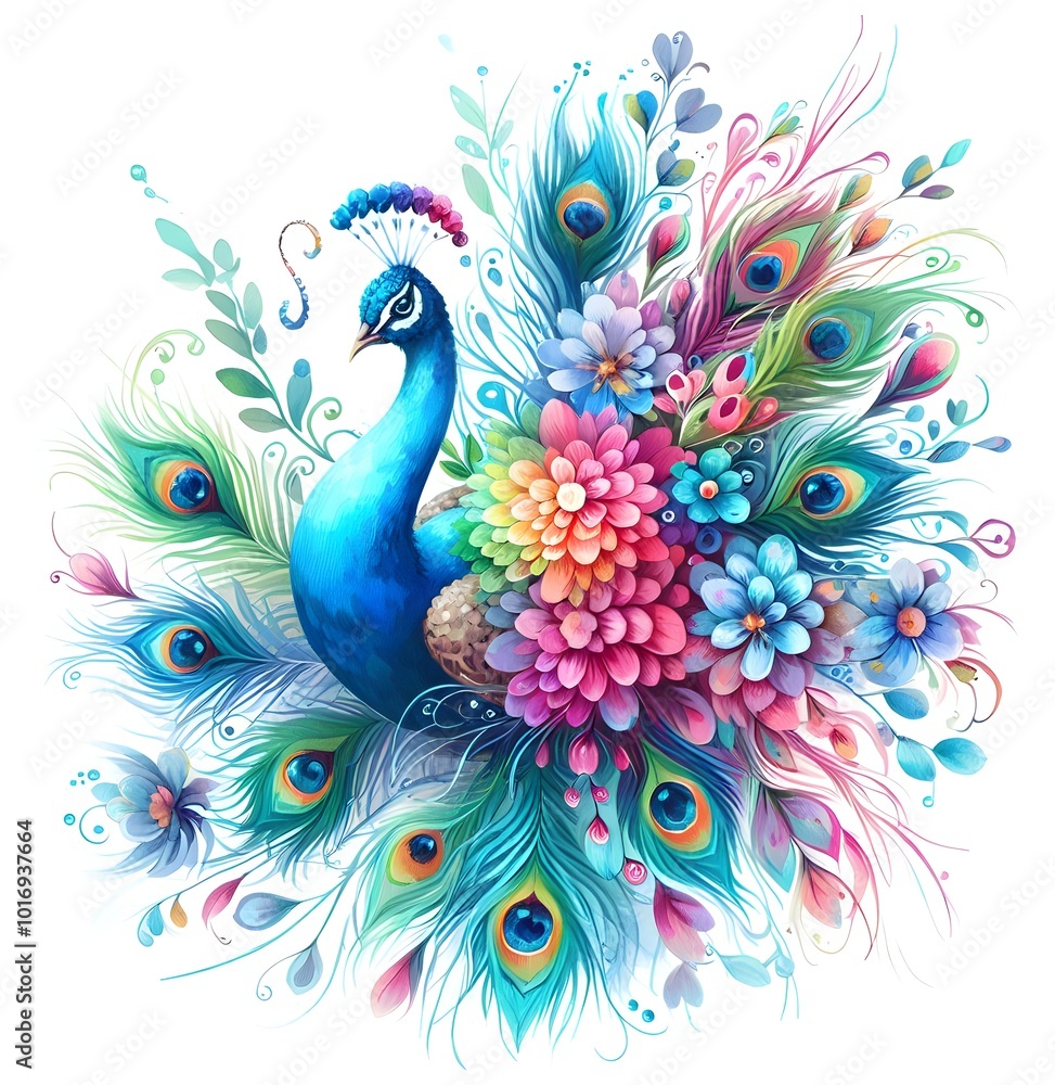 Fototapeta premium Flowers and a peacock surround a peacock golden with colored roses 