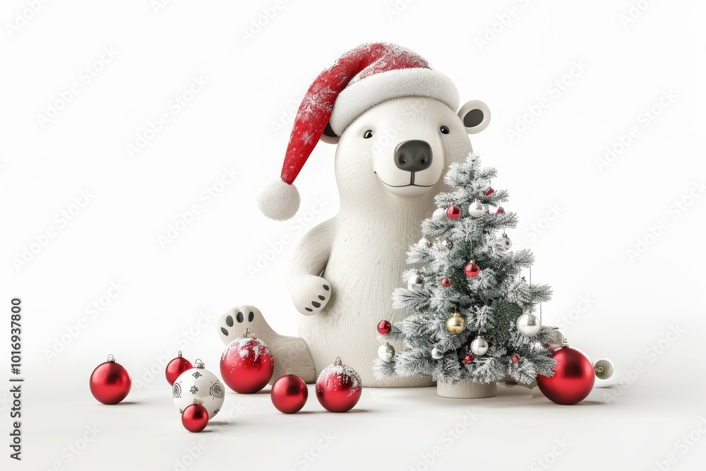 Festive polar bear with santa hat and christmas tree Festive polar bear with santa hat and christmas tree