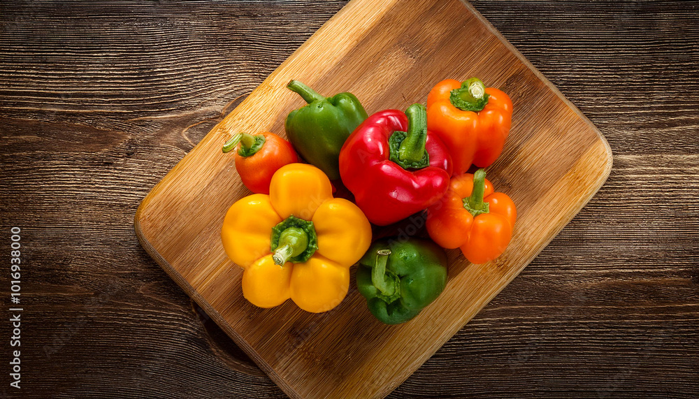 Sweet pepper on a wooden cutting board, isolated against a wooden background Sweet pepper on a wooden cutting board, isolated against a wooden background