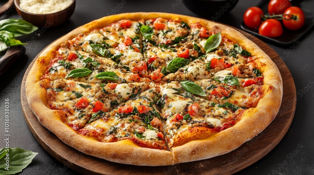 Delicious Freshly Baked Pizza with Basil and Tomatoes Delicious Freshly Baked Pizza with Basil and Tomatoes