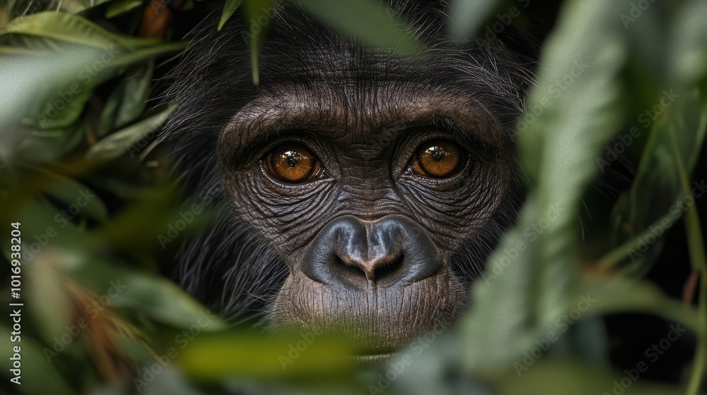 A chimpanzee peeks out from behind green leaves, its intelligent eyes making direct contact with the viewer. A chimpanzee peeks out from behind green leaves, its intelligent eyes making direct contact with the viewer.