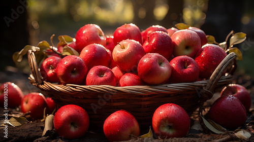 Full basket of red fresh farm apples close up view