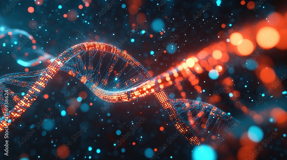 A Digital Representation of a DNA Double Helix with Orange and Blue Bokeh Background A Digital Representation of a DNA Double Helix with Orange and Blue Bokeh Background