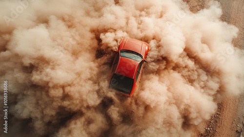 A captivating scene of a red car artfully drifting in a cloud of dust, presenting a dynamic aerial view that embodies speed, agility, and the art of driving. photo