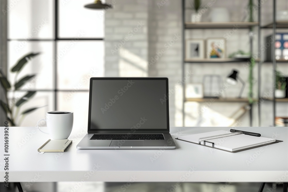 A minimalist workspace with a clean desk, a laptop, a notepad, and a cup of coffee, set against a background of modern office decor. A minimalist workspace with a clean desk, a laptop, a notepad, and a cup of coffee, set against a background of modern office decor.
