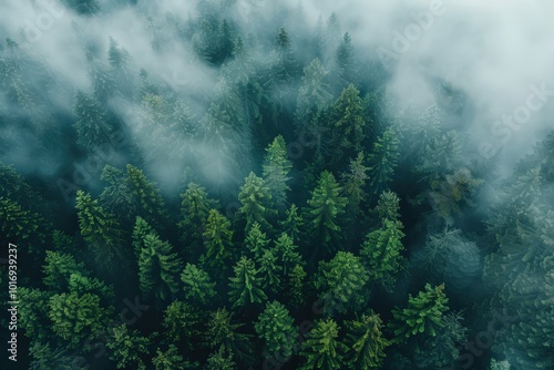 A dense forest with a thick layer of fog covering the trees, generative ai image