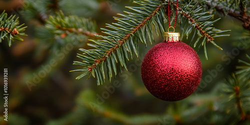 Christmas Ornament Hanging on Snowy Pine Tree