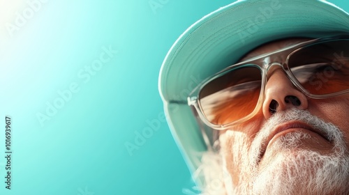 Close-up of a stylish elderly man in sunglasses with a confident expression, bathing in warm sunlight, set against a bright, modern, vibrant background. photo