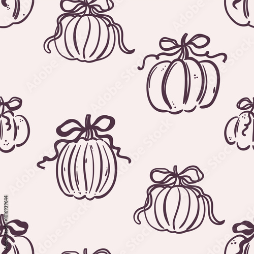 Seamless pattern of pumpkins with ribbon bows on beige background. Hand-drawn black line art. Cozy fall season. Autumn harvest. Thanksgiving celebration. Vector design for textile, wallpaper, wrapping