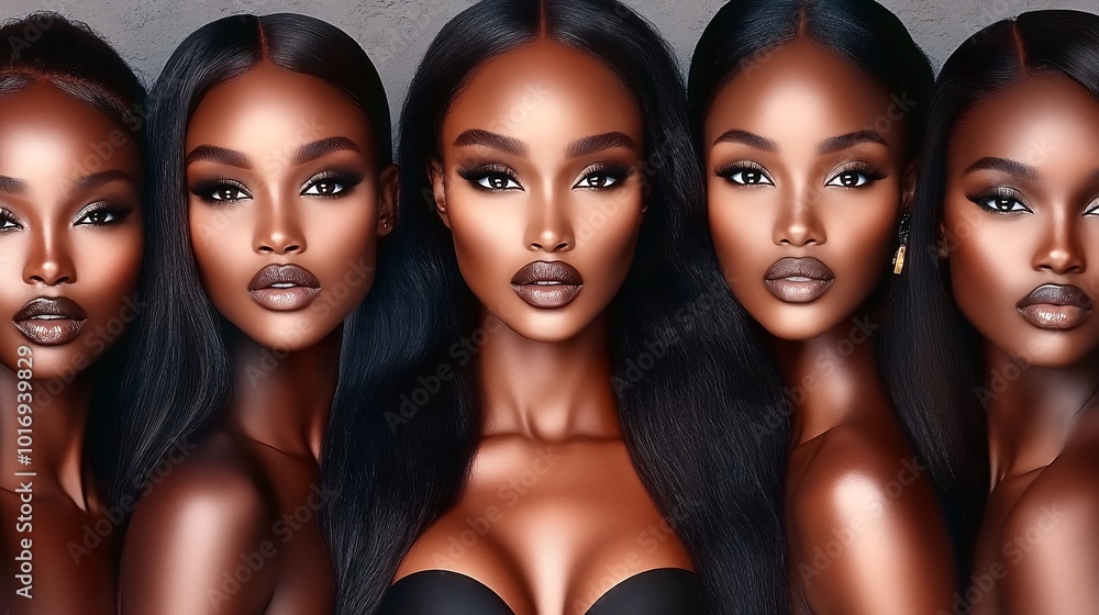 Obraz premium beautiful black women who look like supermodels staring straight ahead, the background is light grey