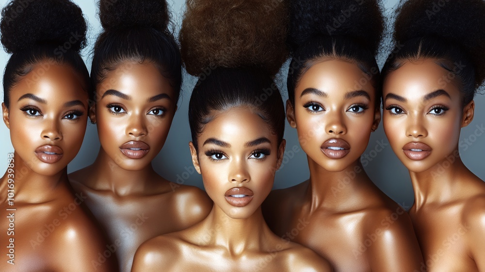 Obraz premium beautiful black women who look like supermodels staring straight ahead, the background is light grey