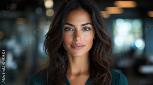 A professional woman with dark hair and a confident expression stands indoors, exuding calm and assurance against a blurred office background.