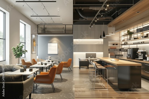 A modern co-working space with collaborative workstations, comfortable seating, and a coffee station, all designed with a sleek, minimalist aesthetic.