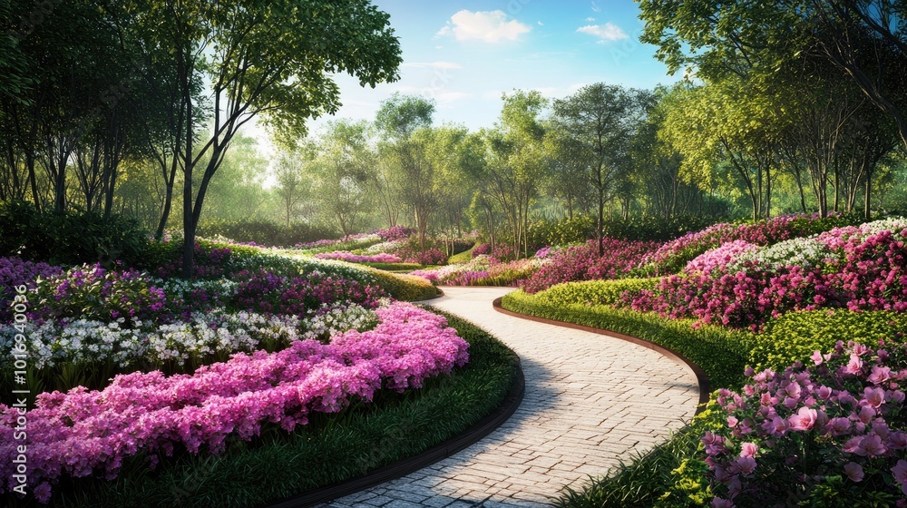 Serene Pathway Through Colorful Flower Garden Serene Pathway Through Colorful Flower Garden
