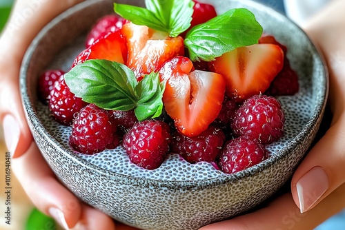 Person enjoying a bowl of chia pudding topped with fresh berries, showcasing a light and energizing meal full of omega-3s and antioxidants photo