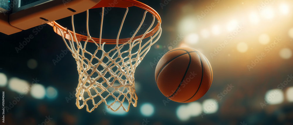 Basketball soaring through the hoop in a dynamic arena Basketball soaring through the hoop in a dynamic arena