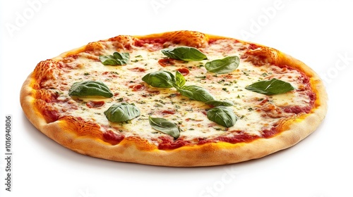 Fresh Margherita Pizza with Basil Leaves on White Background