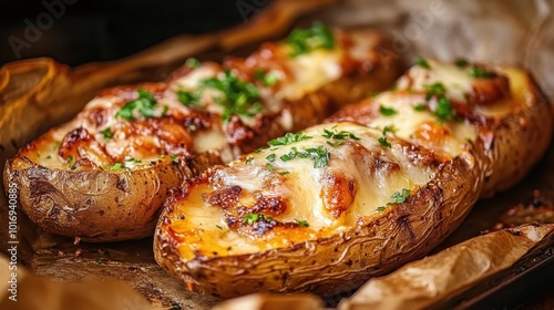 Baked potatoes topped with melted cheese and garnished with fresh herbs, arranged on parchment paper for an appealing culinary presentation. photo