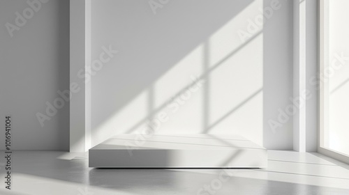 Minimalist White Background with Platform and Sunlit Window Shadows