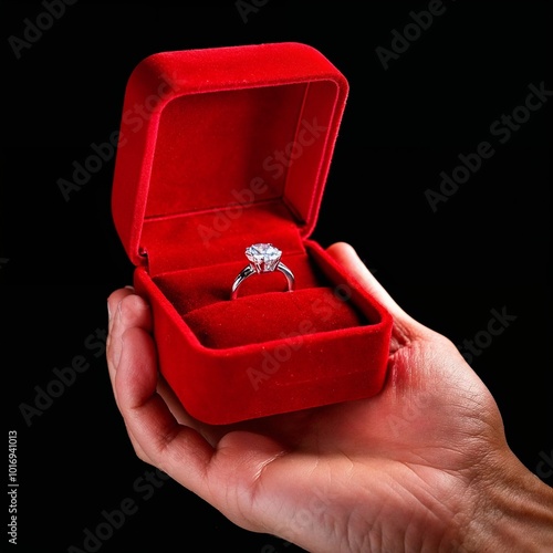 close up of hand holding open red box with white gold ring and large diamond on black background.
