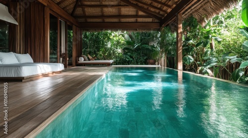 A secluded jungle villa featuring a cozy infinity pool, surrounded by dense greenery, offering an intimate escape with nature and perfect hideaway for relaxation.