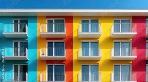 A tall, colorful apartment building facade, featuring a variety of shades and clean geometry, creating a lively contrast with a clear blue sky in the background.