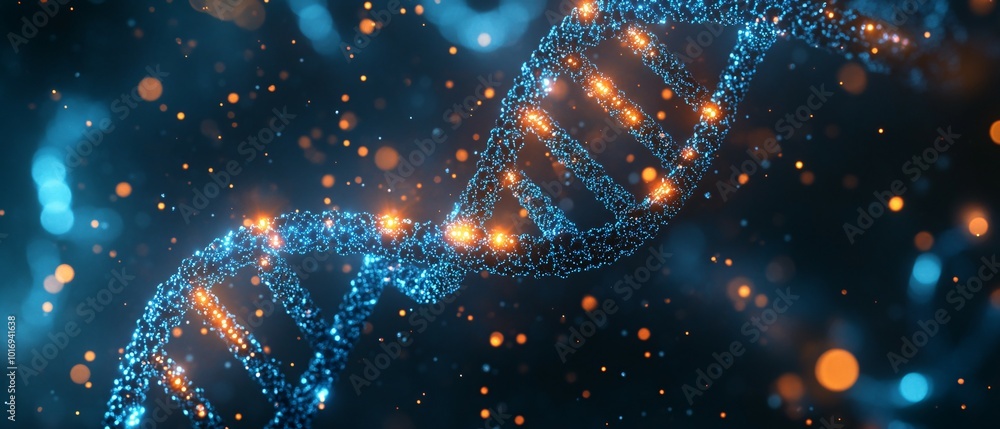 Glowing Blue DNA Helix with Orange Sparks Glowing Blue DNA Helix with Orange Sparks