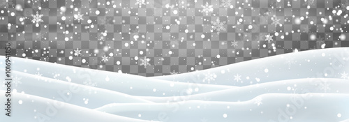 Snow flakes, snow and blizzard falling on snowdrifts. Snow landscape decoration, frozen hills isolated on png background. Vector heavy snowfall with snowbanks field. Christmas vector illustration