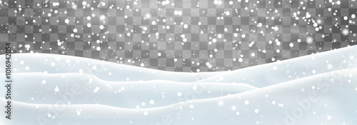 Snow flakes, snow and blizzard falling on snowdrifts. Snow landscape decoration, frozen hills isolated on png background. Vector heavy snowfall with snowbanks field. Christmas vector illustration