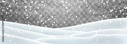 Snow flakes, snow and blizzard falling on snowdrifts. Snow landscape decoration, frozen hills isolated on png background. Vector heavy snowfall with snowbanks field. Christmas vector illustration