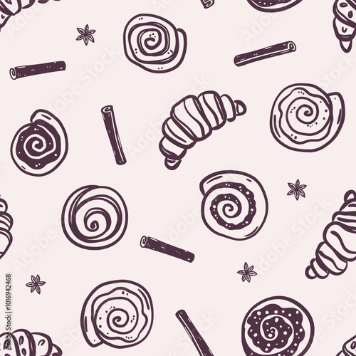 Seamless pattern of croissants, cinnamon rolls and spice on beige background. Cozy fall bakery and spice-infused pastry. Hand-drawn black line art. Vector design for textile, wallpaper, wrapping paper