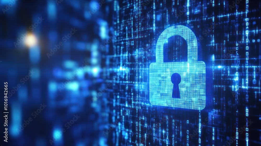 Digital lock symbol over a matrix background representing cybersecurity and data protection. Digital lock symbol over a matrix background representing cybersecurity and data protection.