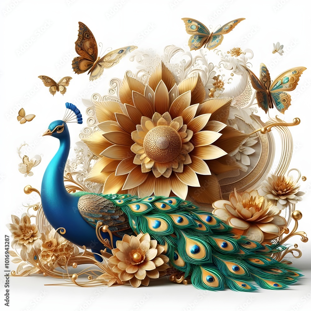 Flowers and a peacock surround a peacock golden with color roses Flowers and a peacock surround a peacock golden with color roses