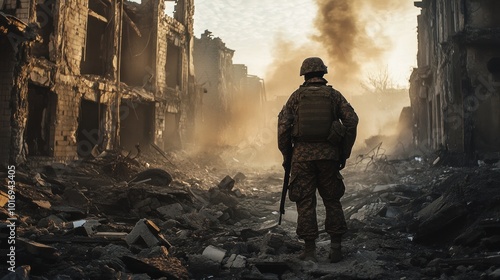 A soldier stands amidst the ruins of a war-torn city, highlighting destruction and resilience.