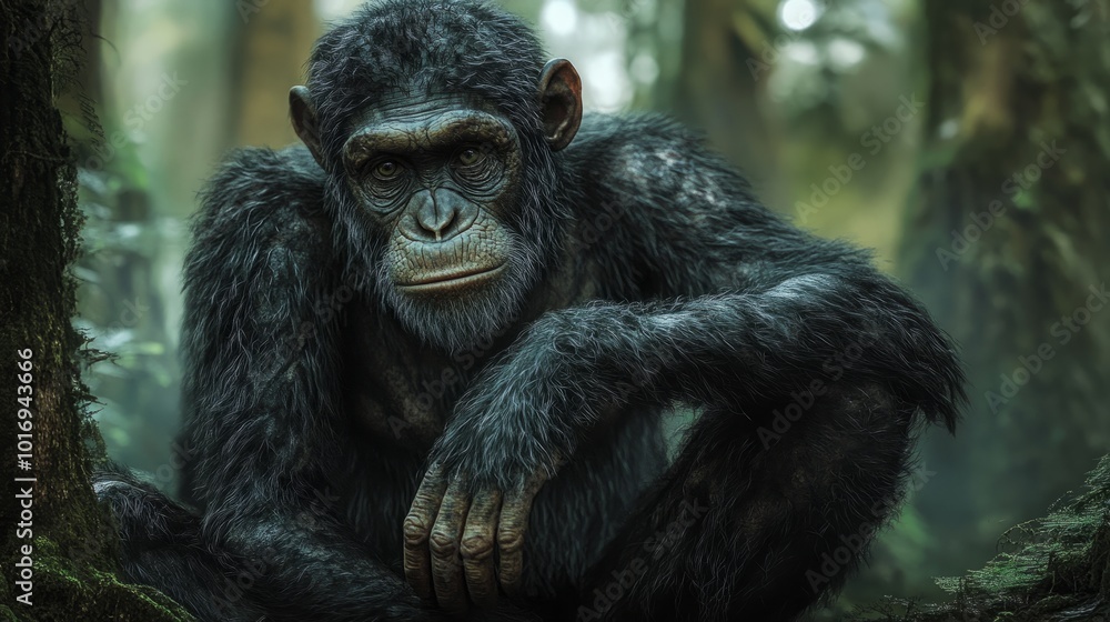 A contemplative chimpanzee sits amongst lush greenery, its piercing gaze directed towards the camera. A contemplative chimpanzee sits amongst lush greenery, its piercing gaze directed towards the camera.