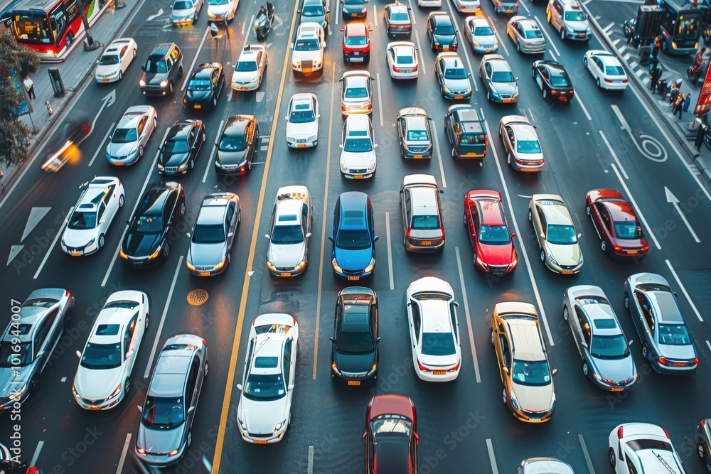 Obraz premium A busy city street with a lot of traffic and a bus in the middle, generative ai image