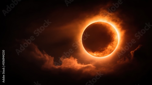 A stunning solar eclipse captured with a dramatic glowing orange corona surrounded by wispy clouds creating a captivating celestial scene full of wonder. photo