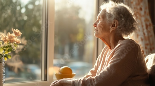 An elderly woman with short white hair gazes thoughtfully out a window, with sunlight casting a warm glow on her face, illustrating contentment and introspection. photo