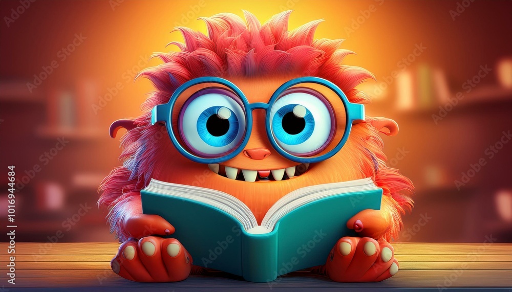 Cute Cartoon Colorful Monster Character Reading a Book Cute Cartoon Colorful Monster Character Reading a Book
