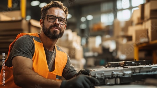 A warehouse worker, wearing an orange safety vest and glasses, observes machinery operations in a busy industrial setting, symbolizing productivity and focus.