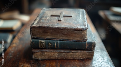 Old, worn out hymnals with a cross sitting on a wooden surface photo