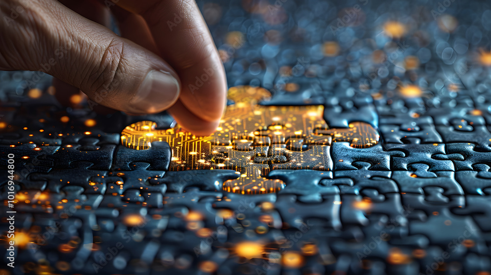 Close-up of a hand fitting a glowing digital puzzle piece, symbolizing technology integration, innovation, and complex problem-solving in modern tech Close-up of a hand fitting a glowing digital puzzle piece, symbolizing technology integration, innovation, and complex problem-solving in modern tech