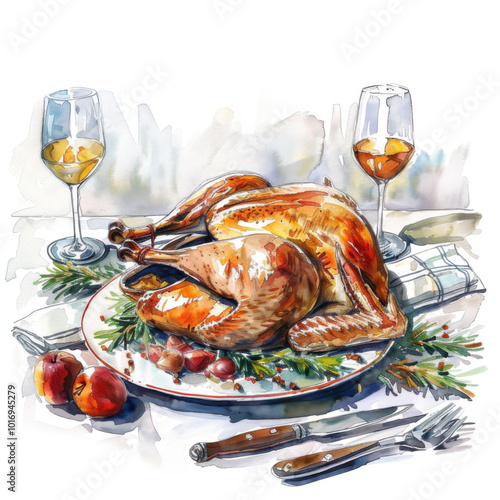 Thanksgiving roast turkey on a dinner table. Watercolor illustration.