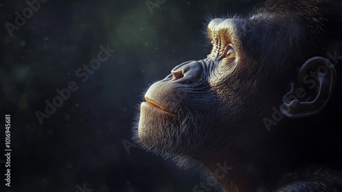 A close-up side profile of an Australopithecus, their gaze directed upwards, the light catching their features, revealing the details of their ancient ancestry.
